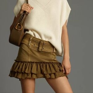 Anthropologie Pilcro Belted Yoke Ruffled Mini Skirt Moss color size XXS